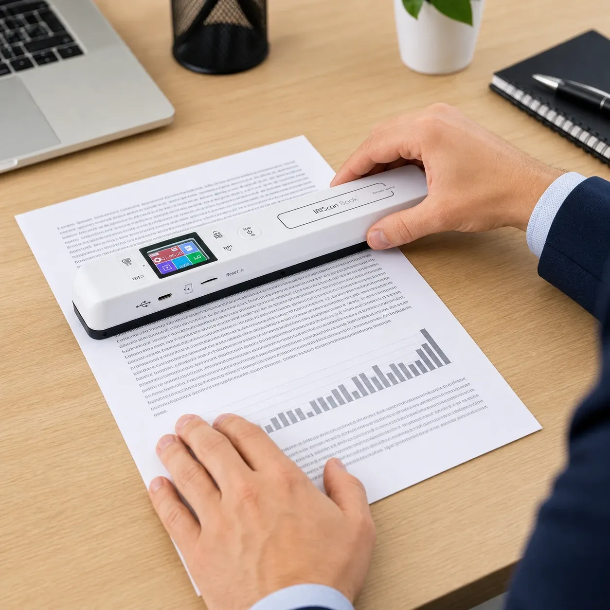 A person using a portable book and document scanner on a printed document in a modern office setting.